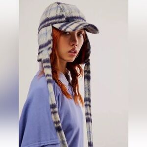 Free People Carter Brushed Plaid Trapper Hat Blue Gray NWOT $44